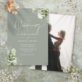 Convites Folhas Verde Musgo Elegante Foto Casamento