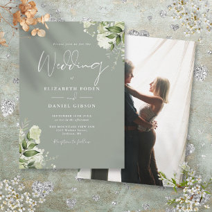 Convites Folhas Verde Musgo Elegante Foto Casamento