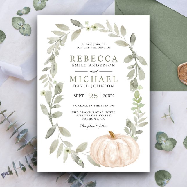 Convites Folhas Verde Sage Rústico Abóbora Branca Casamento (Criador carregado)