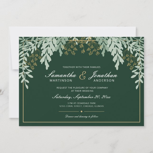 Convites Folhas Verde Salvia em Casamento Verde Esmeralda (Frente)