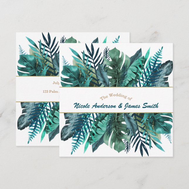 Convites Folhas Verde Teal Tropical Elegante Casamento Bran (Frente/Verso)