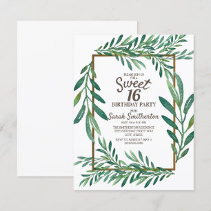Convites Folhas Verdes Botânicas Branco Dourado Sweet 16