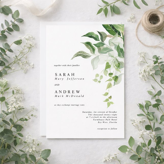 Convites Folhas Verdes Casamento Minimalista Moderno (Criador carregado)