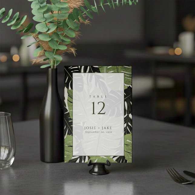 Convites Folhas verdes da selva, ousadas e modernas mesas (Green leaves wedding table number place card.)