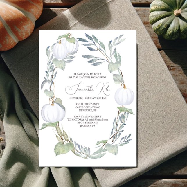 Convites Folhas verdes de Chá de panela de PUMPKIN BRANCO (Fall bridal shower invitations watercolor white pumpkin with sage green. Shop online for printable )