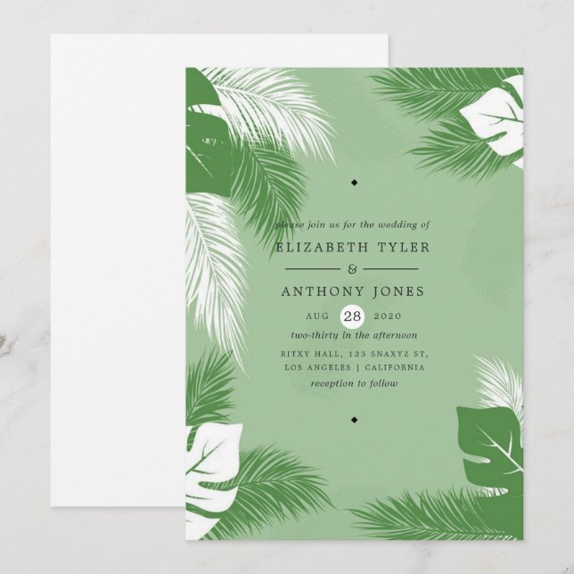 Convites Folhas Verdes e Brancas Casamento Tropical Exótico (Frente/Verso)