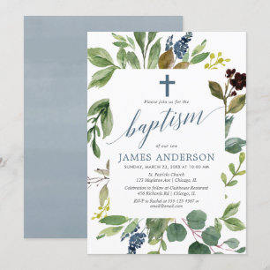Convites Folhas verdes e verde poeirentas e azuis batismo