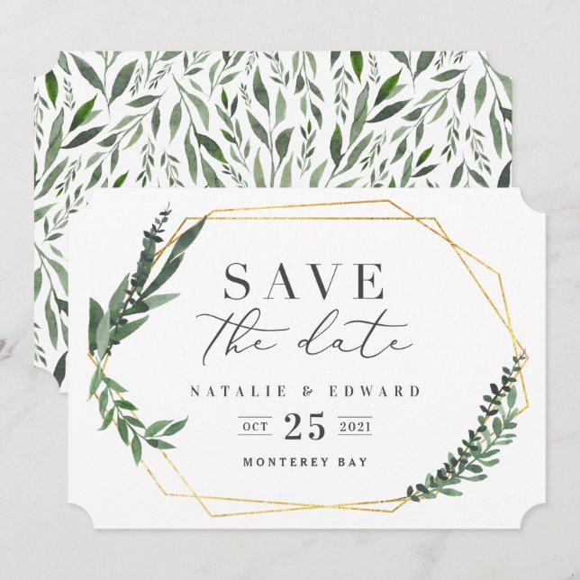 Convites folhas verdes geométricas aquarela dourada (Frente/Verso)