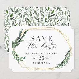 Convites folhas verdes geométricas aquarela dourada
