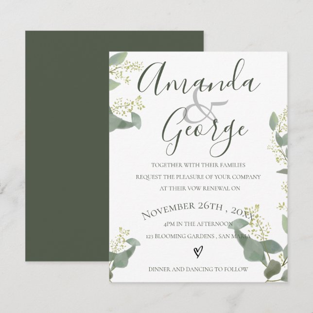 Convites Folhas verdes | Script Elegante | Renovação de Vow (Frente/Verso)