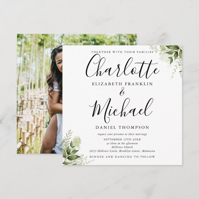 Convites Folhas Verdes Script Foto Elegante Casamento  (Frente/Verso)