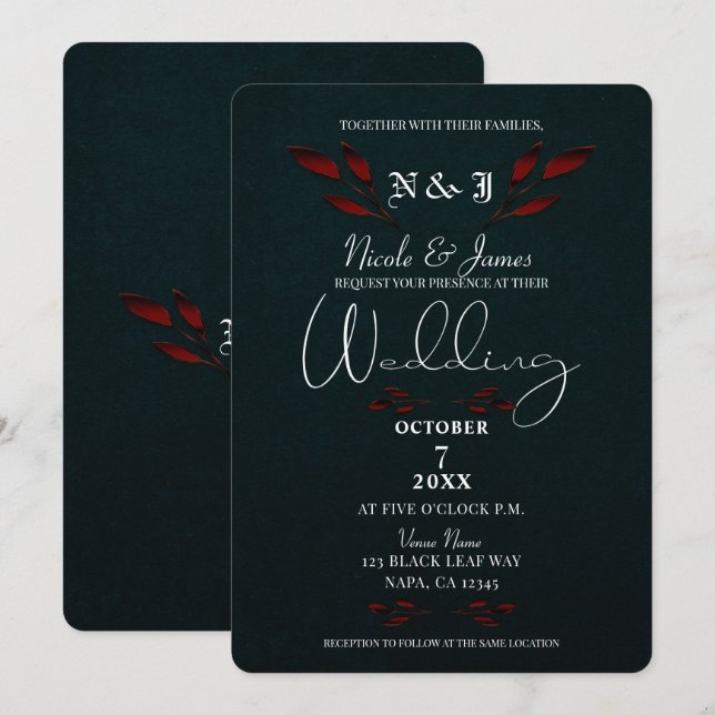Convites Folhas Vermelhas Brilhantes Casamento Glam Moderno (Frente/Verso)