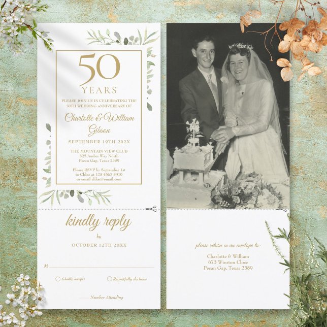 Convites Folia de Foto de Aniversário de 50 Anos de Casamen (50th Golden Anniversary Wedding Photo Foliage RSVP Invitation)