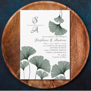 Convites Folia em Aquarela Verde Sálvia Casamento Gingko