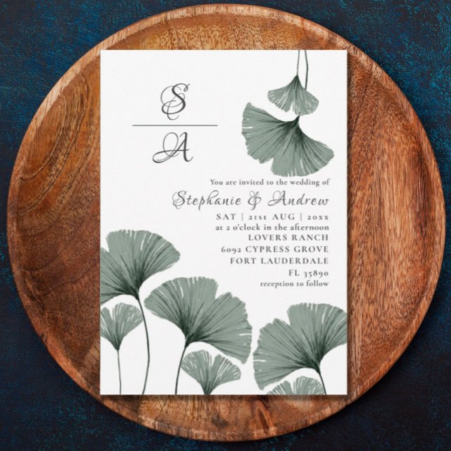 Convites Folia em Aquarela Verde Sálvia Casamento Gingko (Criador carregado)
