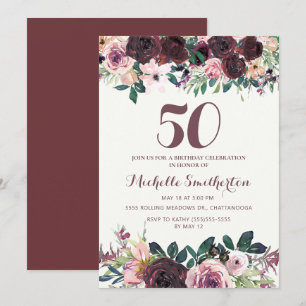 Convites Folia Floral Rosa Bege Borgonha Aniversário de 50 