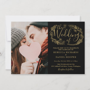Convites Folia Preta e Dourada com Letra de Casamento