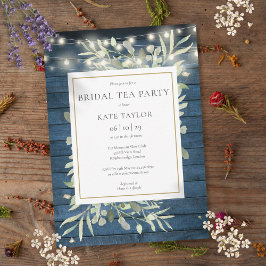 Convites Foliage Blue Rustic String Lights Bridal Tea Party