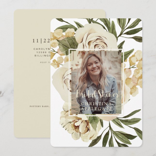 Convites Foliage Cream Floral Bride Foto Chá Arredondado (Frente/Verso)