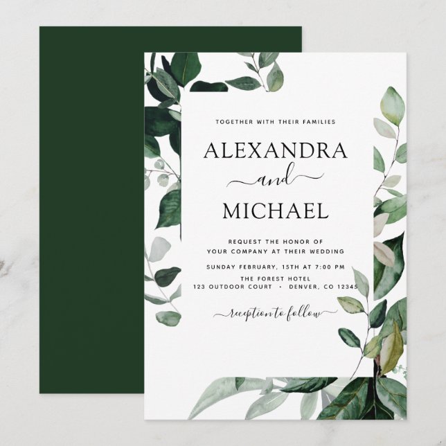 Convites Foliage Foliage Botânica Watercolor Wedding Invi (Frente/Verso)