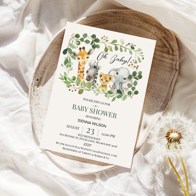 Convites Foliage Genenerase Gênero Chá de fraldas Safari Ne (Safari Baby Shower Invitation Greenery Foliage Gender Neutral, Wild One Jungle Animals Baby Shower )