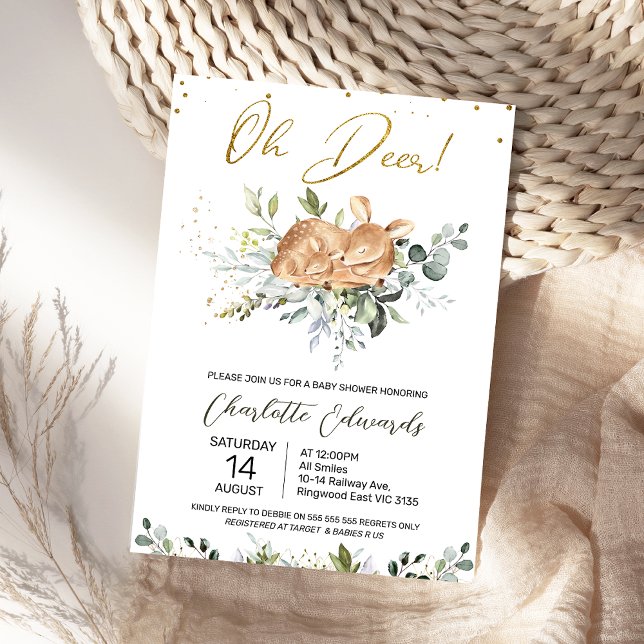 Convites Foliage Green Oh Chá de fraldas (Oh Deer Baby Shower Invitation Gender Neutral, Greenery Foliage Deer Fawn Baby Shower Invitation)