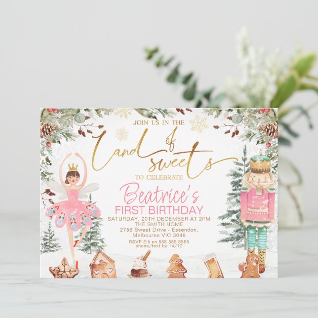 Convites Foliage Nutcracker Sugar Plum Fairy Aniversário (Em pé/Frente)