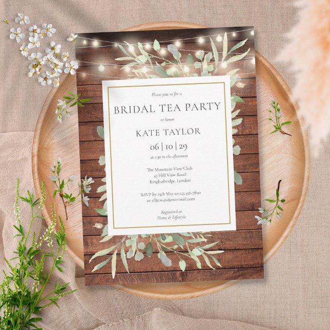 Convites Foliage Russo Wood String Luzes Bridal Tea Party (Criador carregado)