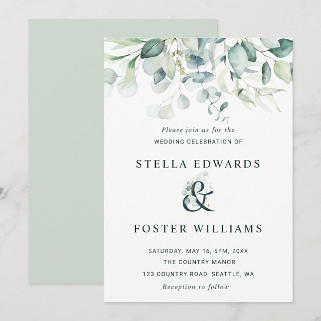 Convites Foliage Verde Ampersand Wedding Elegante (Frente/Verso)