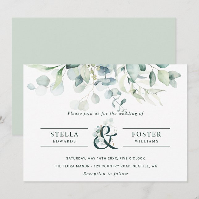 Convites Foliage Verde Ampersand Wedding Elegante (Frente/Verso)