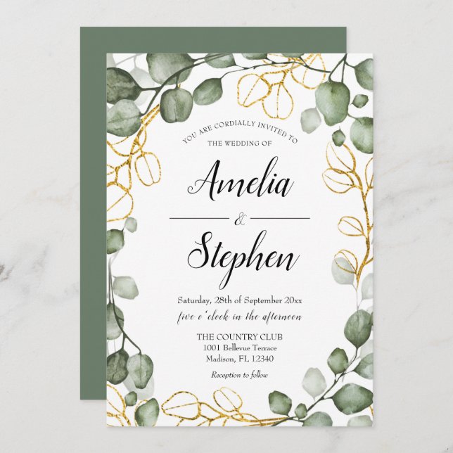 Convites Foliage Wreath Eucalyptus Wedding (Frente/Verso)