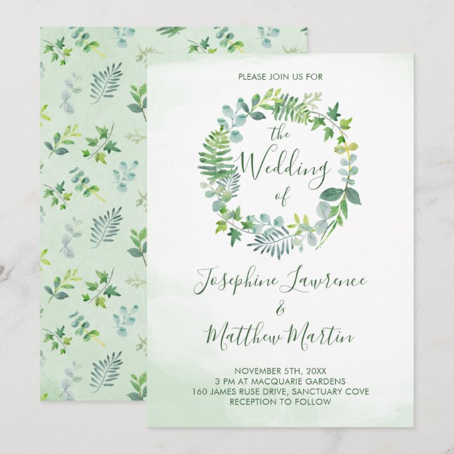 Convites Foliage Wreath Watercolor Casamento Verde (Frente/Verso)