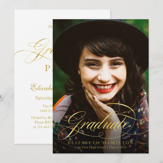 Convites Fólio de Graduado Dourado Roteiro Elegante Festa d (Frente/Verso)