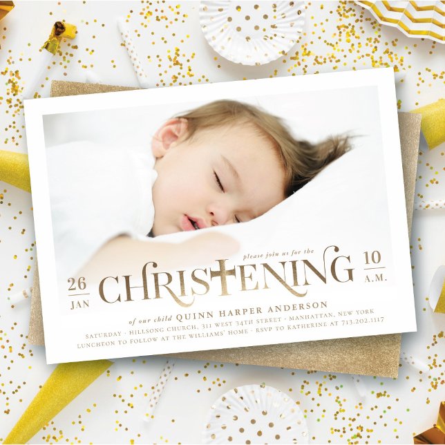 Convites Fólio de Ouro Cruz Moderna Fotografia Religiosa de (Faux Gold Foil Modern Classic Bold Cross Stylish Christening Photo Invitation @ fat_fa_tin)