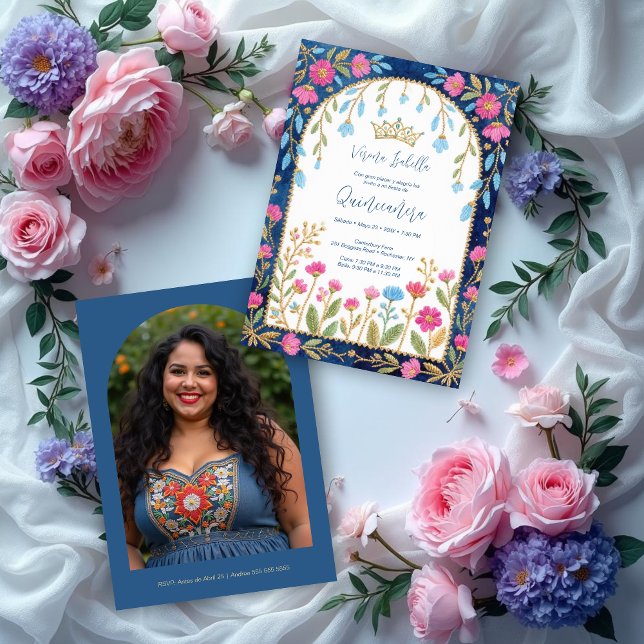 Convites Folk Art Blue Shades Spanish Mexican XVs Floral (Folk Art Blue Shades Spanish Mexican XVs Floral Border Embroidery Style Quinceañera Invitation Cards)