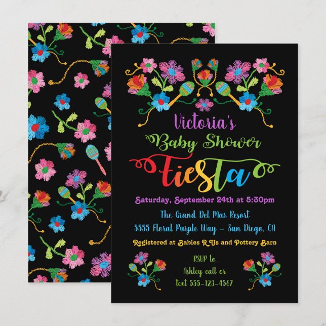 Convites Folk Art Embroiderme mexicano Fiesta Chá de fralda (Frente/Verso)