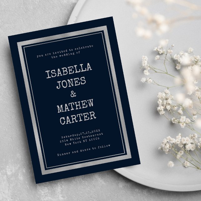 Convites fonte azul marinho de máquina de escrever prata ru (Navy blue silver typewriter font rustic wedding)