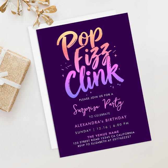 Convites Fonte Caligráfica Roxa e Rosa Pop Fizz Clink (Criador carregado)