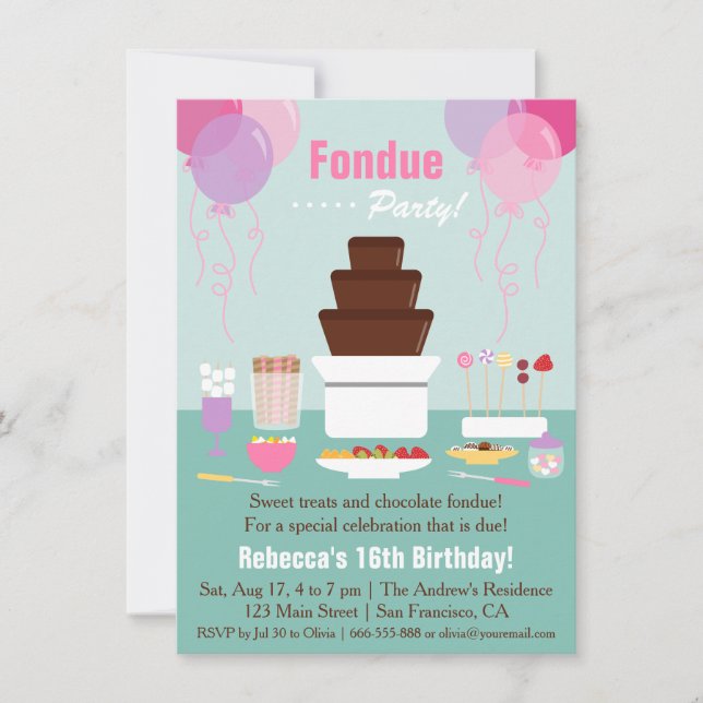 Convites Fonte de Fondue de Chocolate Festa de Aniversário  (Frente)