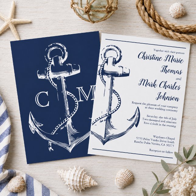 Convites Fonte de letra de âncora de esboço náutico da Mari (Tie the knot with this navy nautical sketch anchor wedding invitation. )