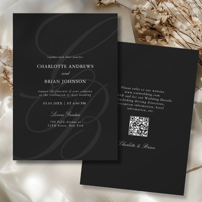 Convites Fonte de Letra Manuscrita Monograma Código QR Casa (Minimalist Script Font Monogram QR Code Black White Gray Wedding Invitation)