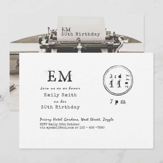 Convites Fonte de Máquina de Escrever Aniversário (QUALQUER (Frente/Verso)