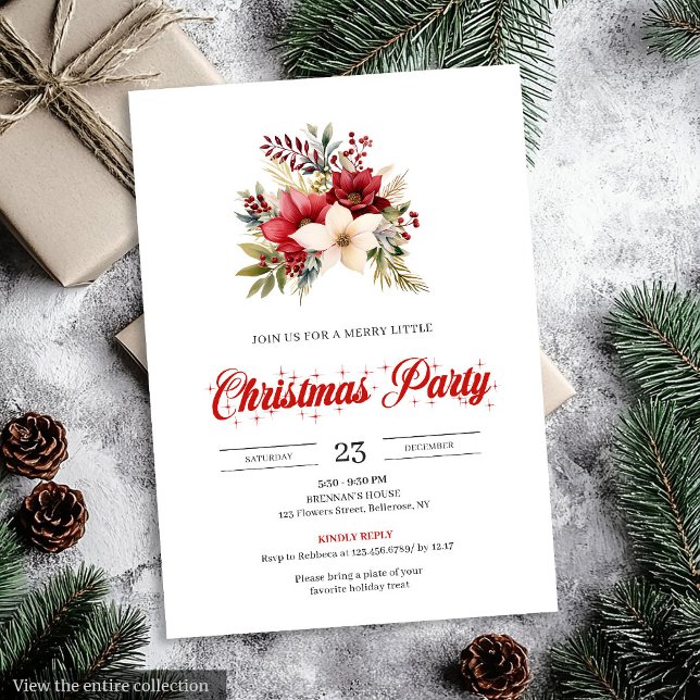 Convites Fonte de Script Elegante Vermelha de Poinsettia Na (Elegant Red Poinsettia Script Font christmas invitation

)