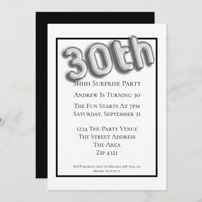 Convites Fonte do balão de prata 3d do Faux do Partido aniv (Frente/Verso)