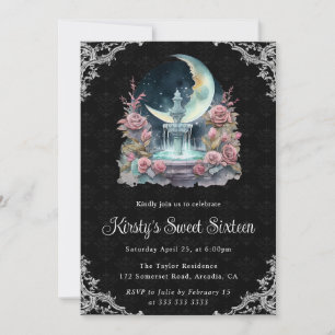 Convites Fonte Floral Noturna em Aquarela Sweet Sixteen