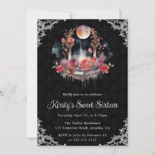Convites Fonte Floral Noturna em Aquarela Sweet Sixteen