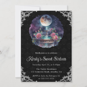 Convites Fonte Floral Noturna em Aquarela Sweet Sixteen