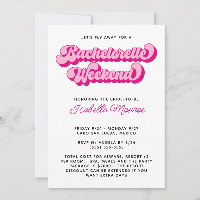 Convites Fonte Retro Rosa Quente Fim de Semana de Despedida (Frente)