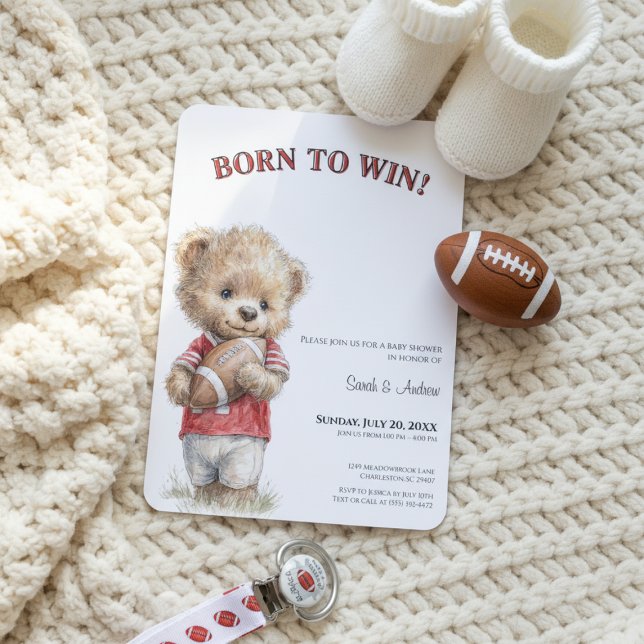Convites Football Baby Shower Invitation | Born to Win  (Football baby shower invitation with teddy bear and modern sporty theme, neutral tones, cozy flat la)