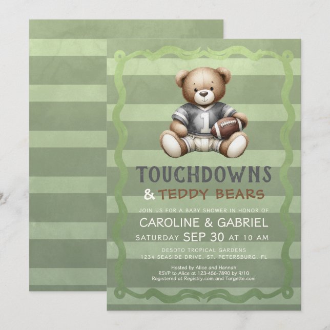 Convites Football Bear Baby Shower (Frente/Verso)